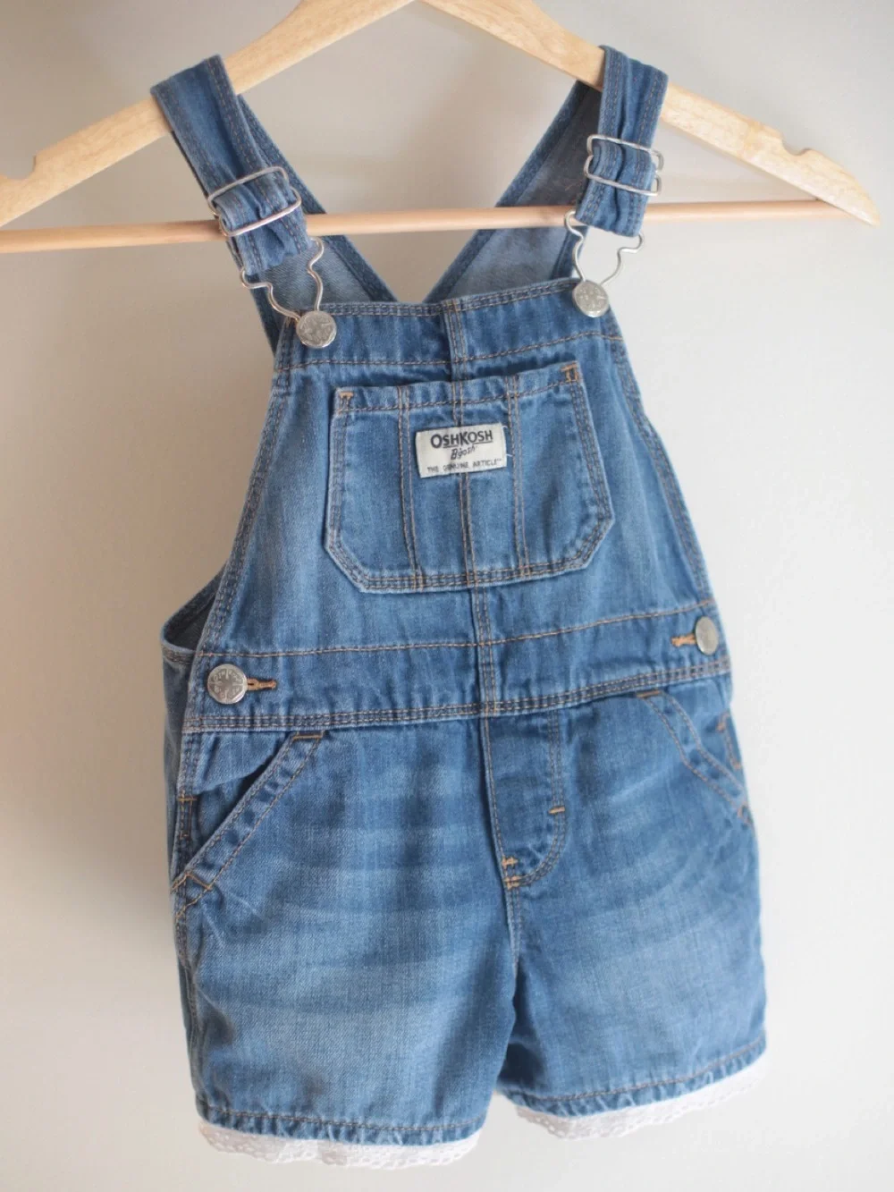 OshKosh B'gosh Medium Blue Denim Short Overalls with Lace Hem 2T